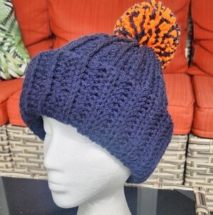 Navy Blue Knit Beanie with Orange Pom-Pom